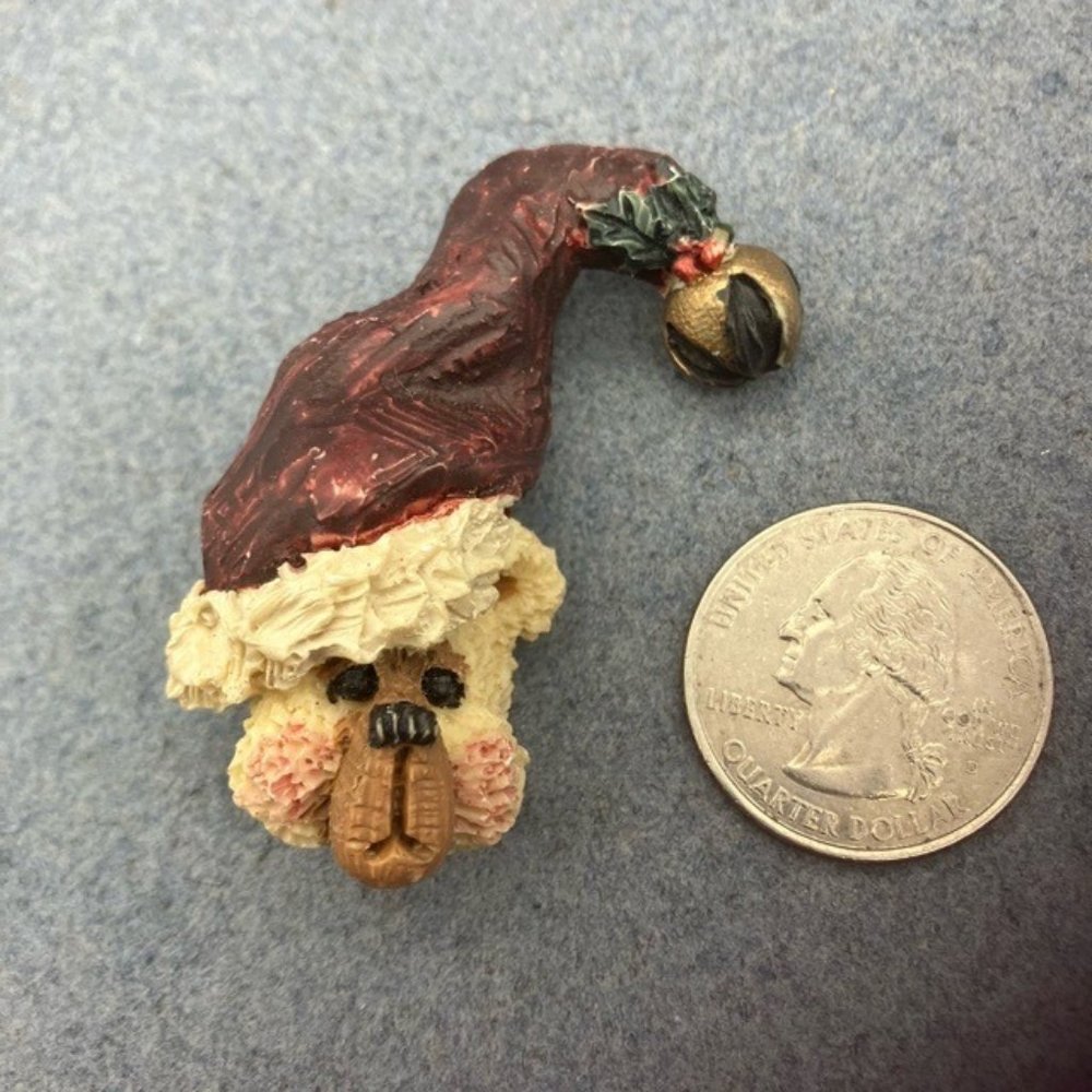 Christmas Pin Brooch Resin Teddy Bear Head Santa Hat Jingle Bell Red White Tan